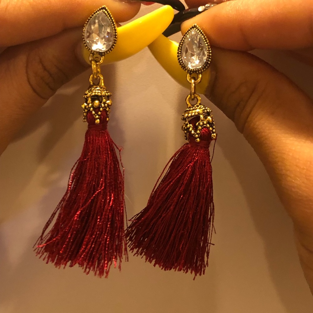 Beautiful Faux Diamond Red Tassel Earrings